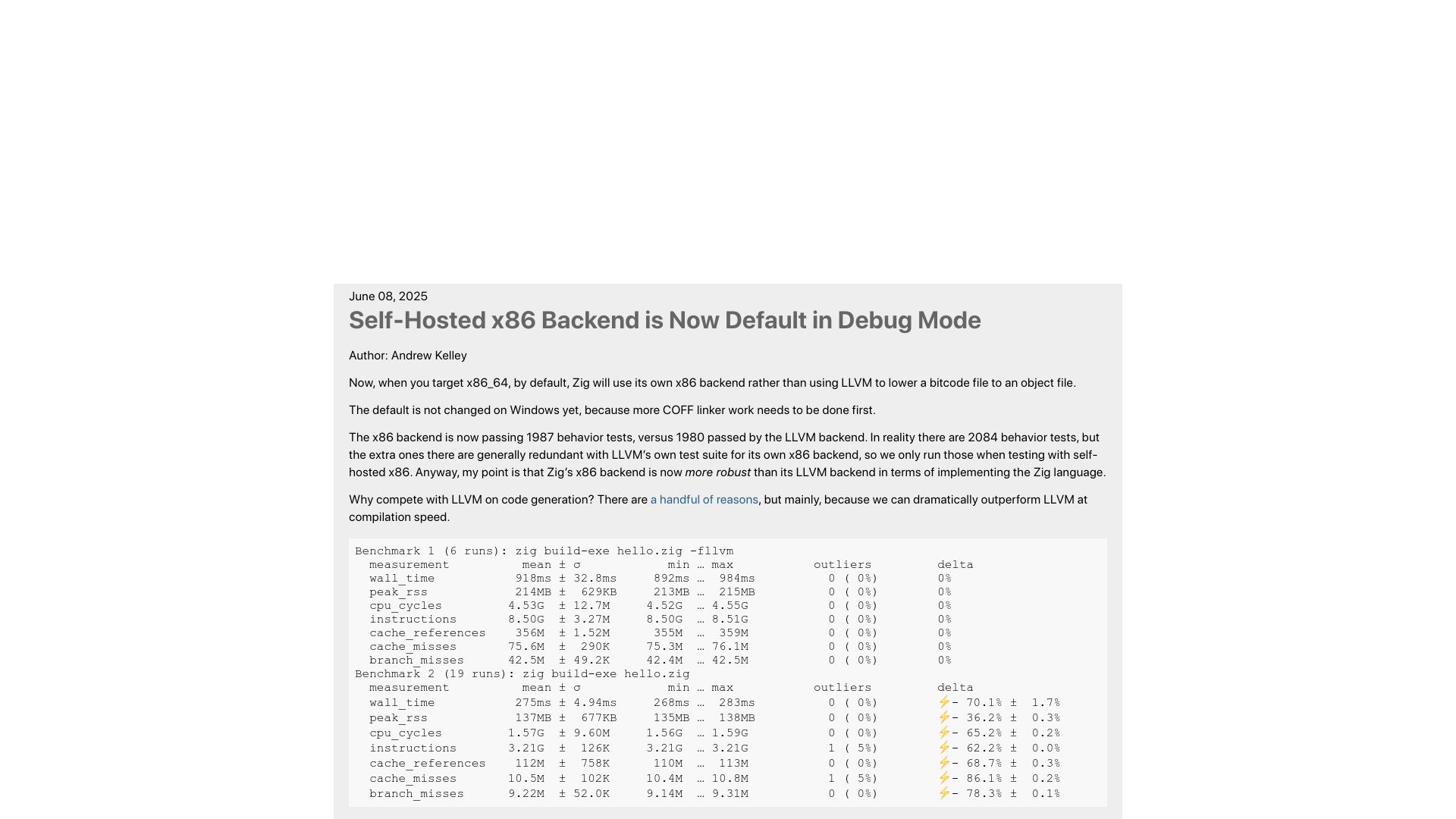 Screenshot of ziglang.org: Self-hosted x86 back end is now default in debug mode