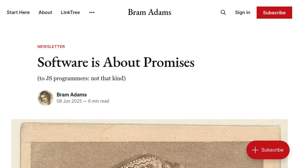 Screenshot of bramadams.dev: Software is about promises