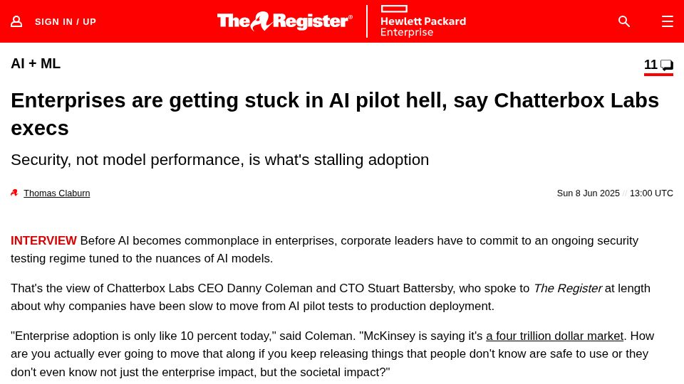 Screenshot of theregister.com: Enterprises are getting stuck in AI pilot hell, say Chatterbox Labs execs