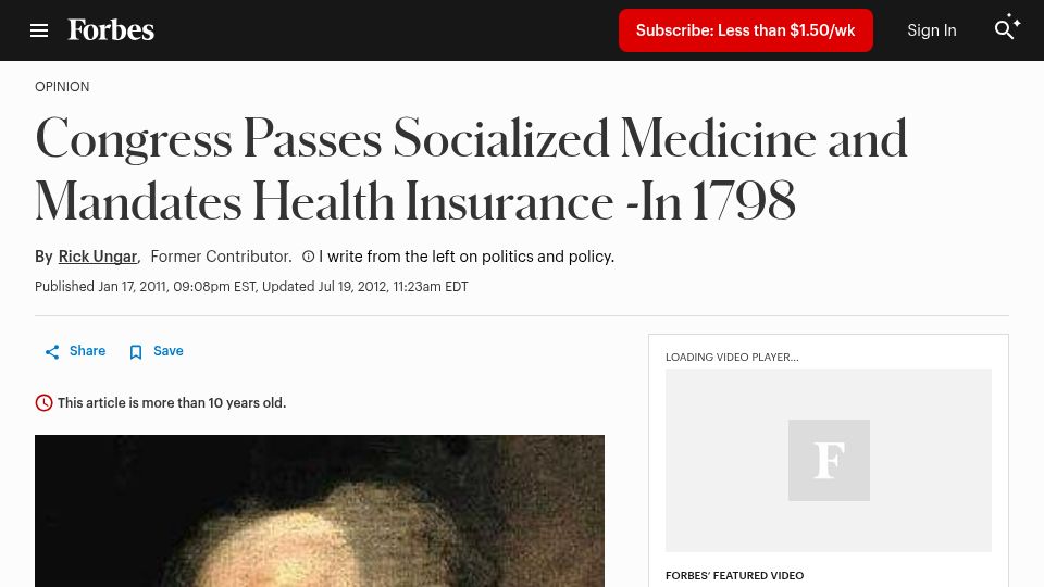 Screenshot of forbes.com: Congress Passes Socialized Medicine and Mandates Health Insurance -In 1798