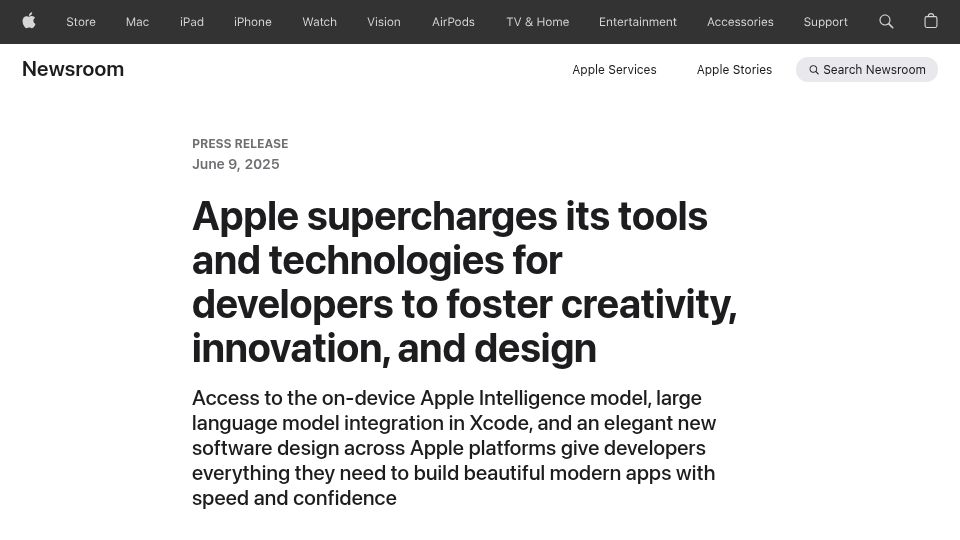 Screenshot of apple.com: Apple announces Foundation Models and Containerization frameworks, etc