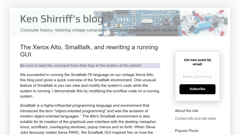Screenshot of righto.com: The Xerox Alto, Smalltalk, and rewriting a running GUI (2017)