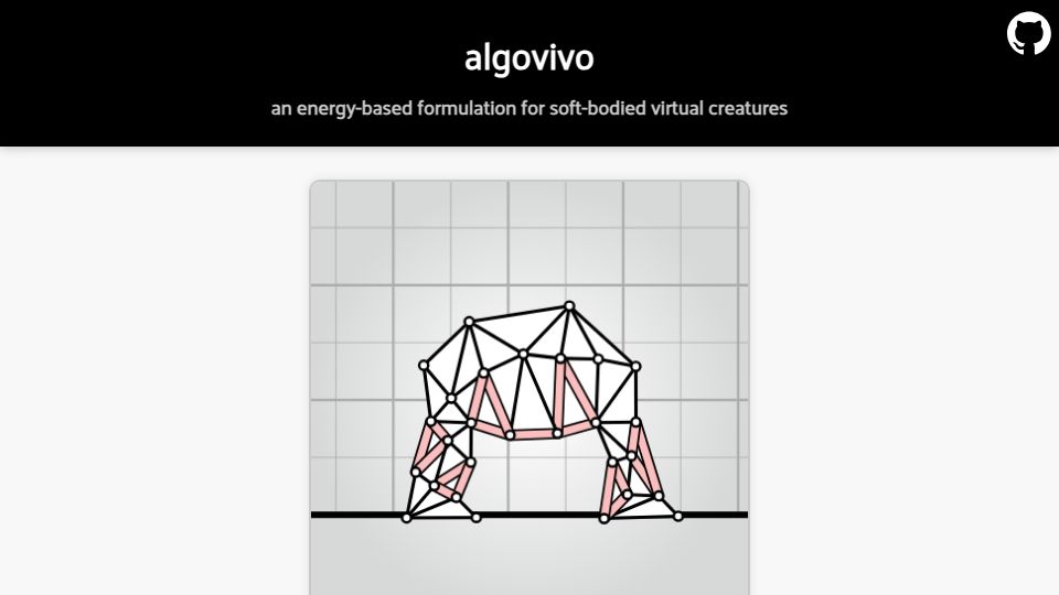 Screenshot of juniorrojas.com: Algovivo an energy-based formulation for soft-bodied virtual creatures