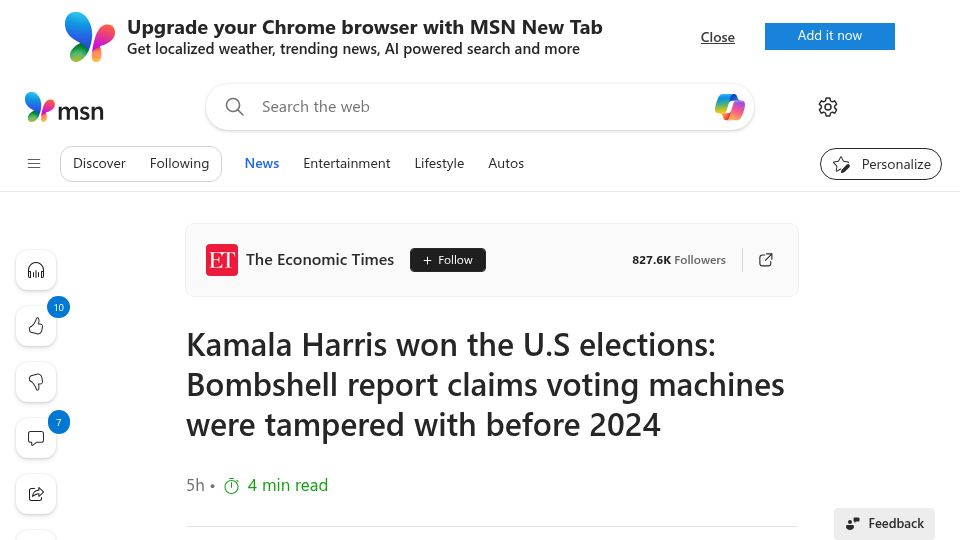 Screenshot of msn.com: Report claims voting machines were tampered with before 2024 elections
