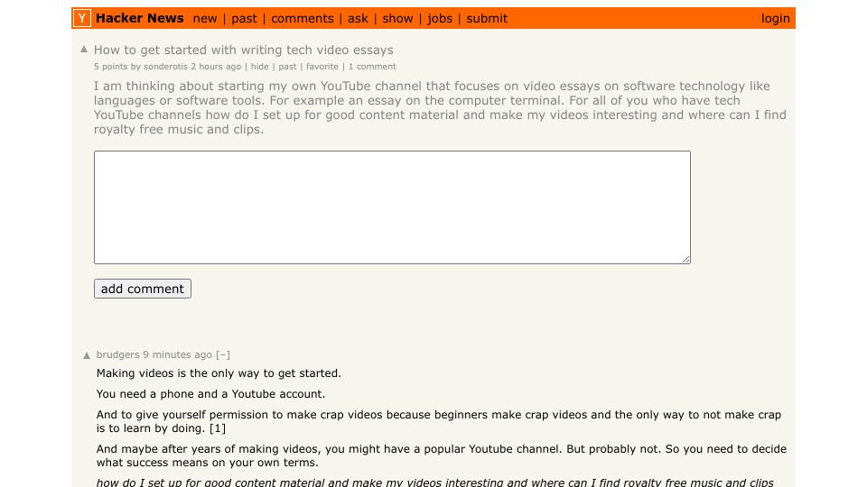 Screenshot of Hacker News post: How to get started with writing tech video essays