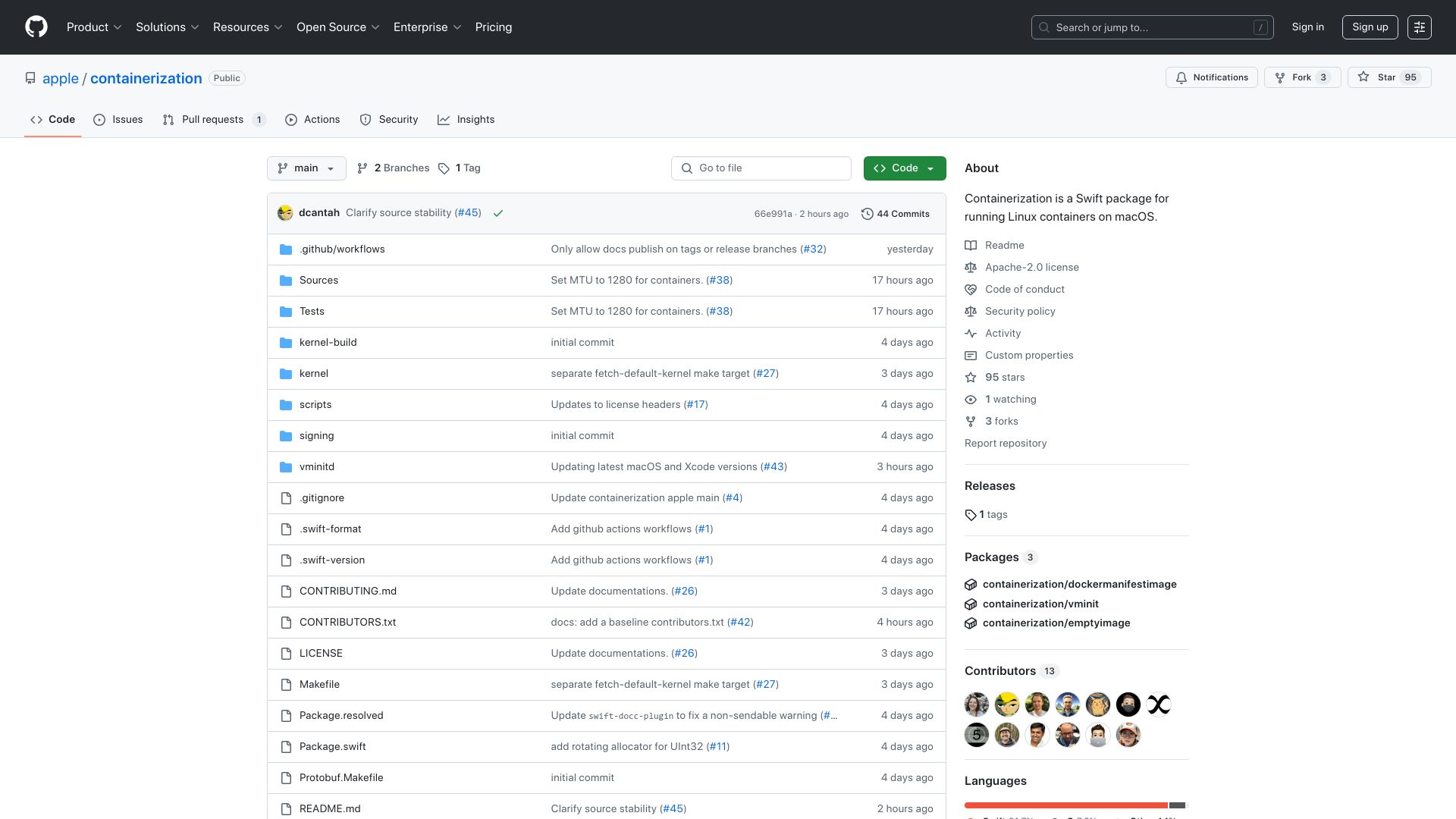 Screenshot of github.com: Containerization is a Swift package for running Linux containers on macOS