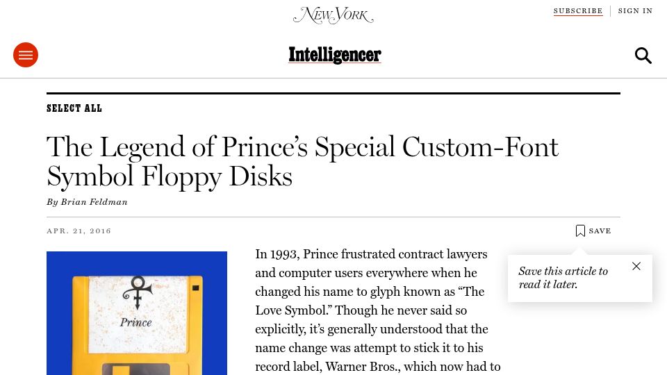 Screenshot of nymag.com: Prince's special custom-font symbol floppy disks (2016)