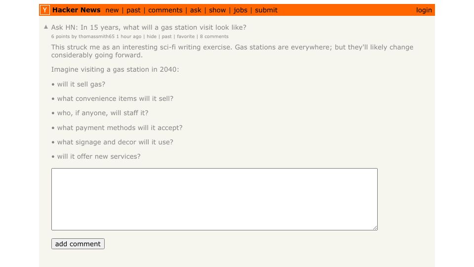 Screenshot of Hacker News post: Ask HN: In 15 years, what will a gas station visit look like?