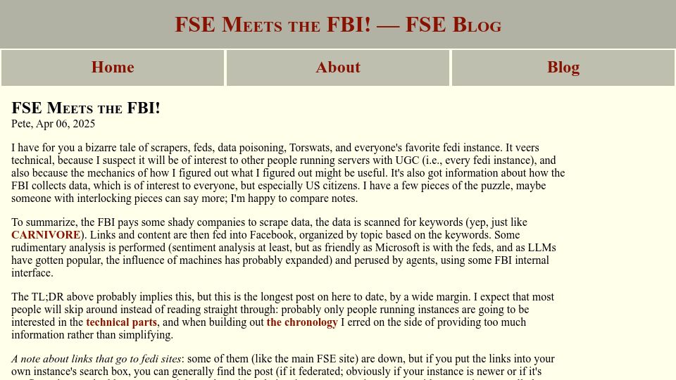 Screenshot of blog.freespeechextremist.com: FSE meets the FBI