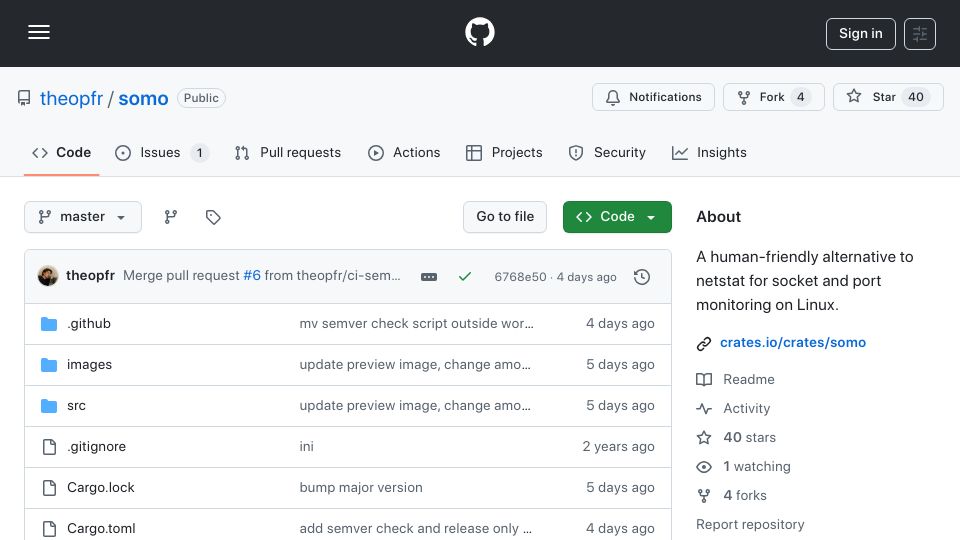 Screenshot of github.com: Show HN: Somo – a human friendly alternative to netstat