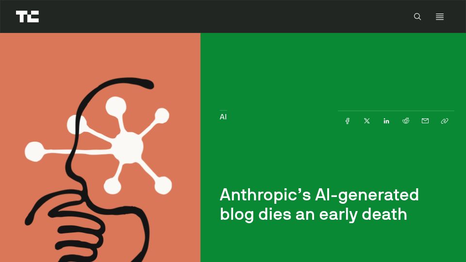 Screenshot of techcrunch.com: Anthropic's AI-generated blog dies an early death