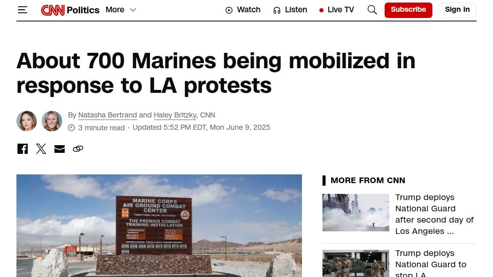 Screenshot of cnn.com: Marines being mobilized in response to LA protests