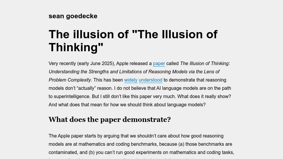Screenshot of seangoedecke.com: The Illusion of “The Illusion of Thinking”