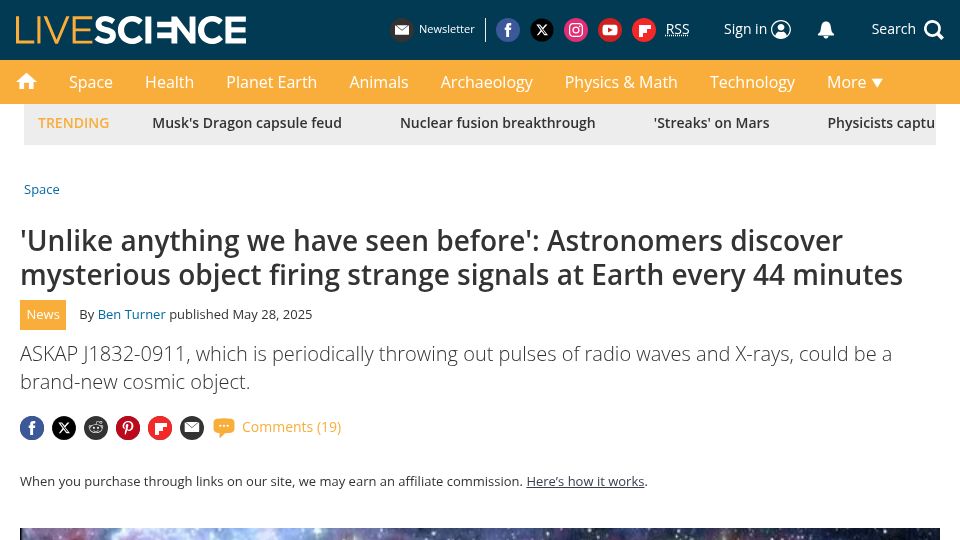 Screenshot of livescience.com: Astronomers have discovered a mysterious object flashing signals from deep space