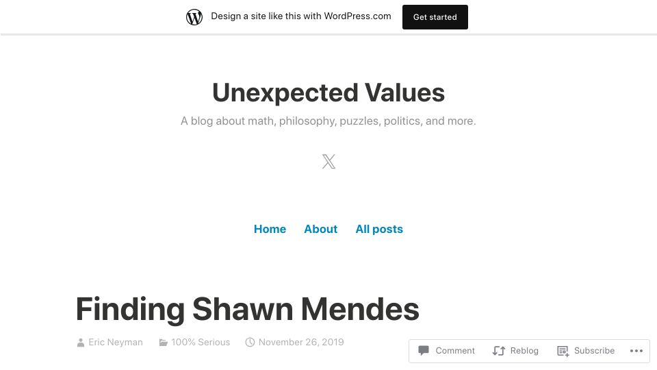 Screenshot of ericneyman.wordpress.com: Finding Shawn Mendes (2019)
