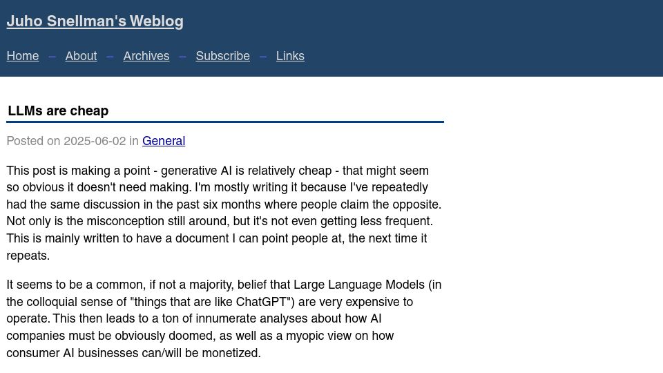 Screenshot of snellman.net: LLMs are cheap