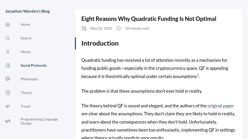 Screenshot of jonathanwarden.com: Why quadratic funding is not optimal