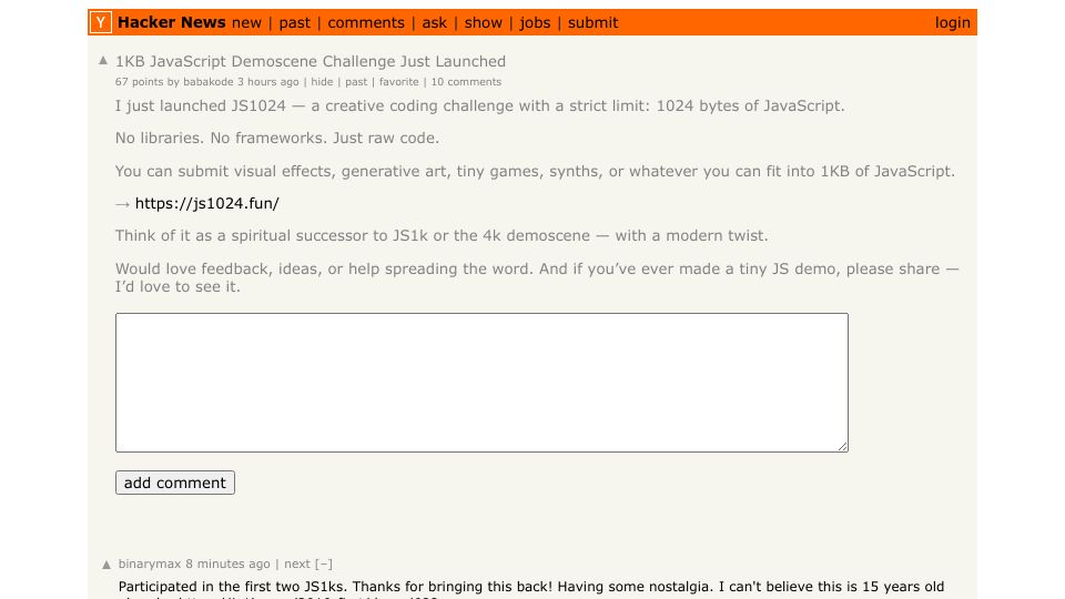 Screenshot of Hacker News post: 1KB JavaScript Demoscene Challenge Just Launched