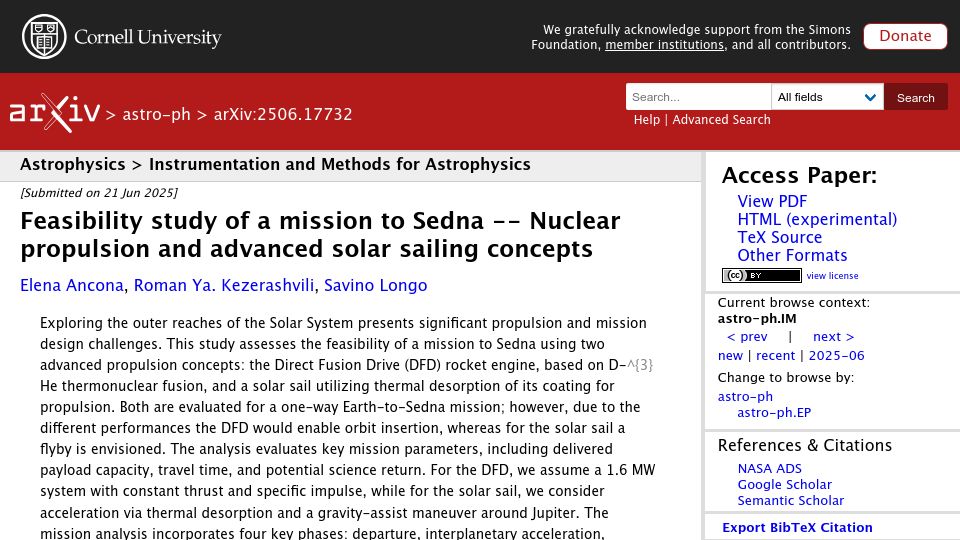 Screenshot of arxiv.org: Feasibility study of a mission to Sedna – Nuclear propulsion and solar sailing