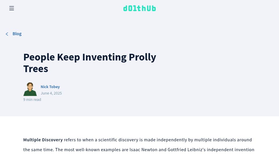 Screenshot of dolthub.com: People Keep Inventing Prolly Trees