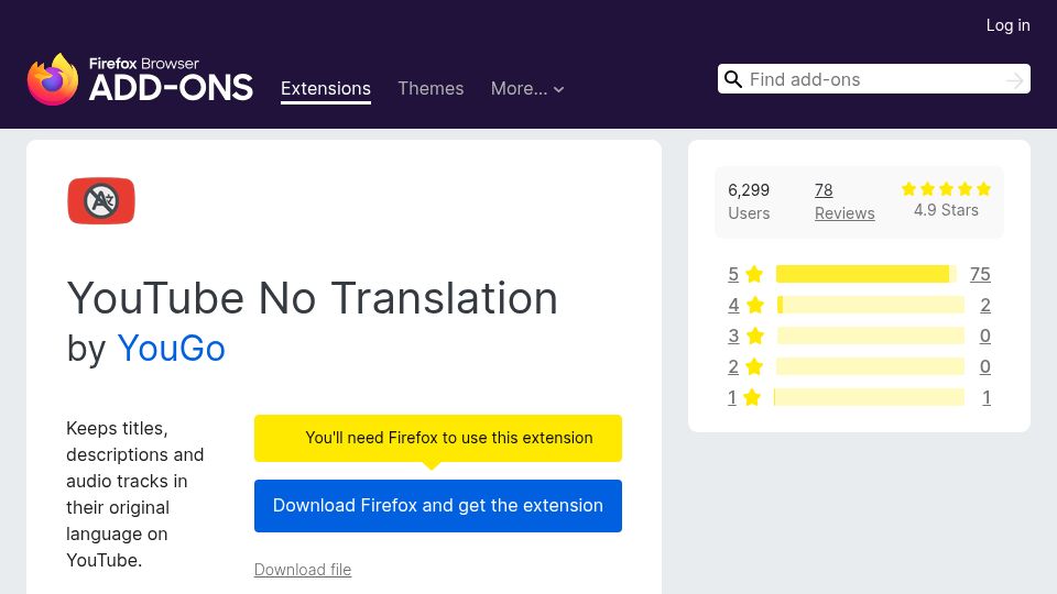 Screenshot of addons.mozilla.org: YouTube No Translation