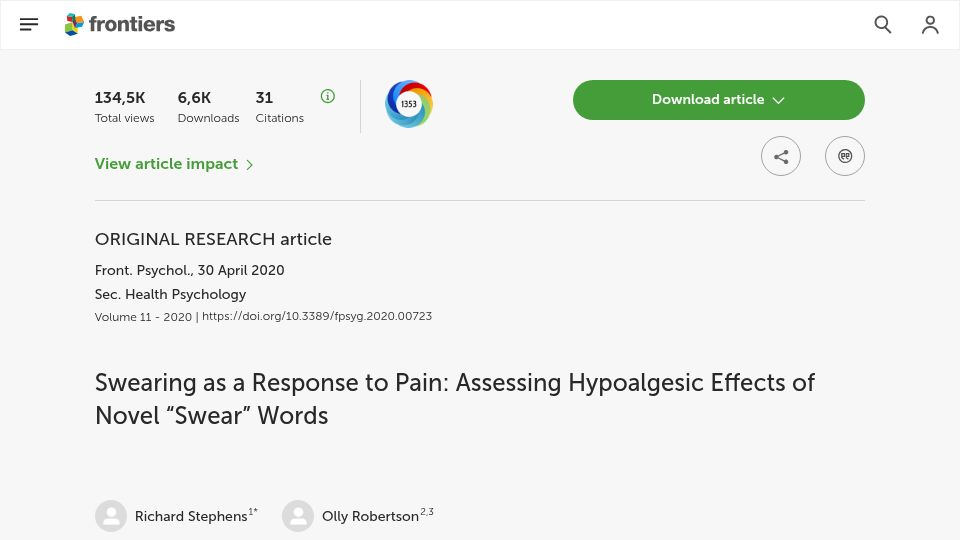 Screenshot of frontiersin.org: Swearing as a Response to Pain: Assessing Effects of Novel Swear Words