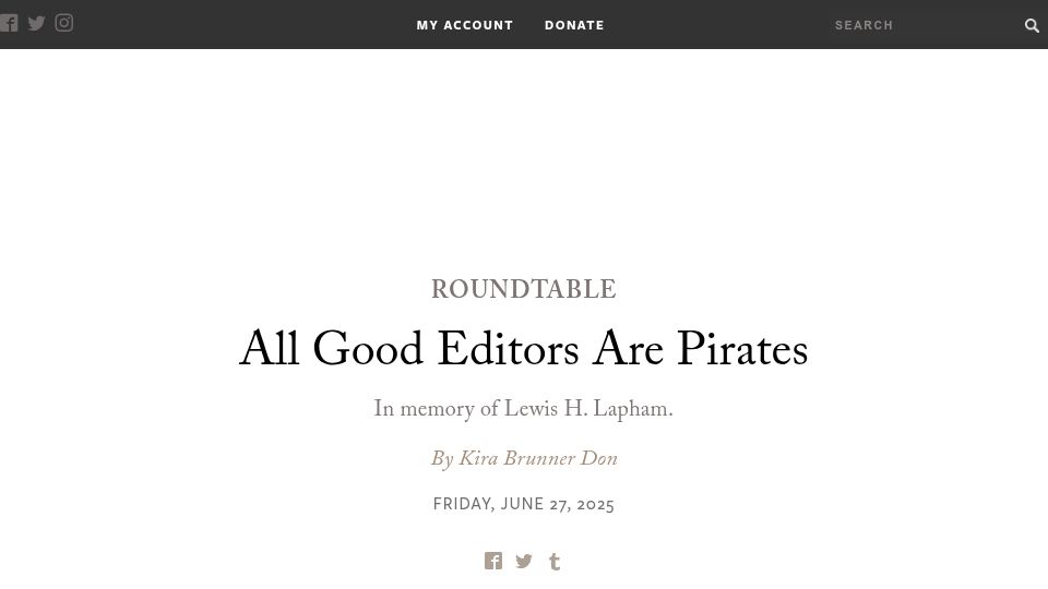 Screenshot of laphamsquarterly.org: All Good Editors Are Pirates: In Memory of Lewis H. Lapham