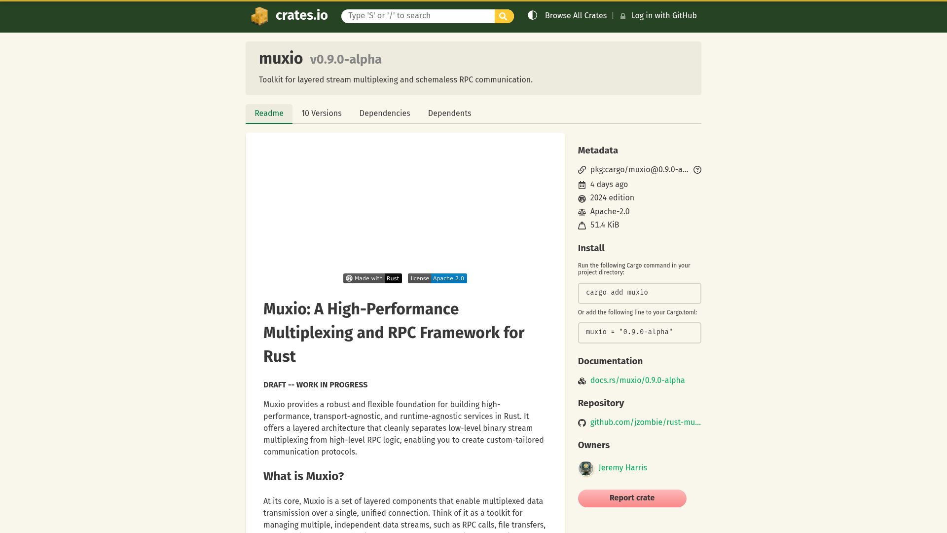 Screenshot of crates.io: Muxio: Rust layered stream and RPC toolkit