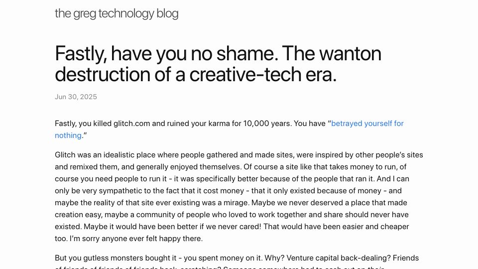 Screenshot of blog.greg.technology: The wanton destruction of a creative-tech era