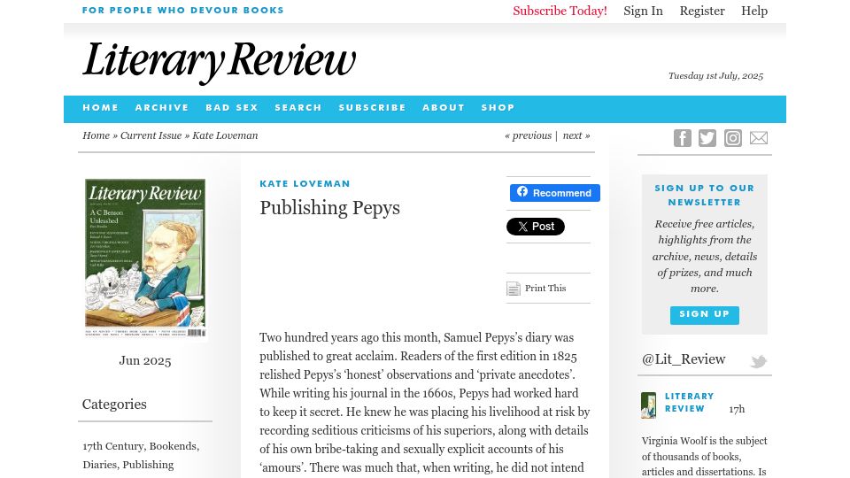 Screenshot of literaryreview.co.uk: Publishing Pepys