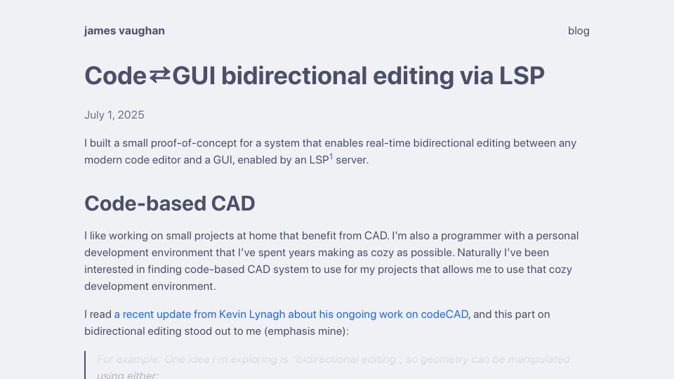 Screenshot of jamesbvaughan.com: Code-GUI bidirectional editing via LSP