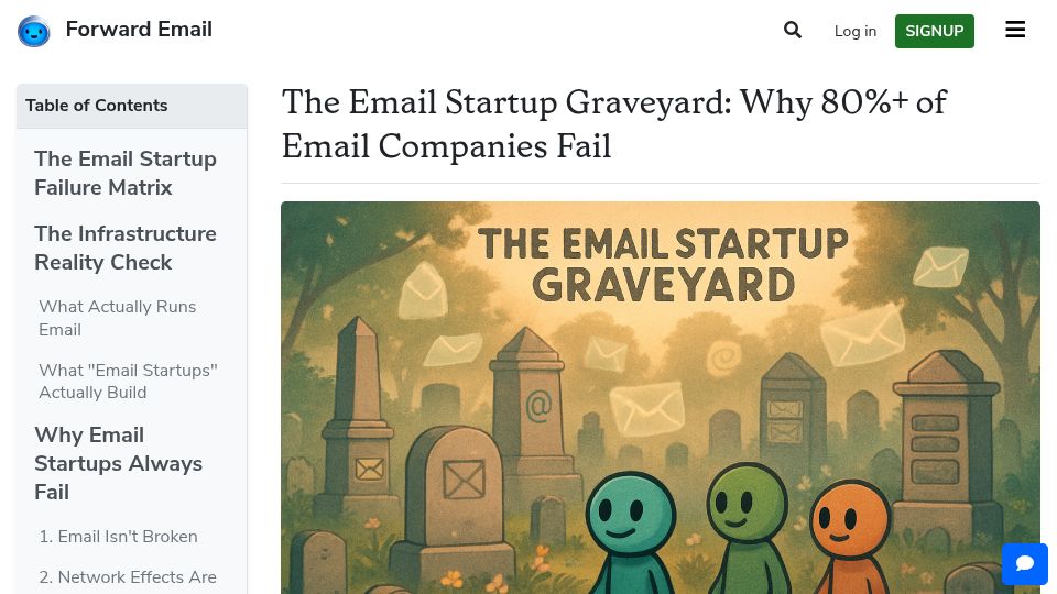Screenshot of forwardemail.net: The Email Startup Graveyard: Why 80%+ of Email Companies Fail