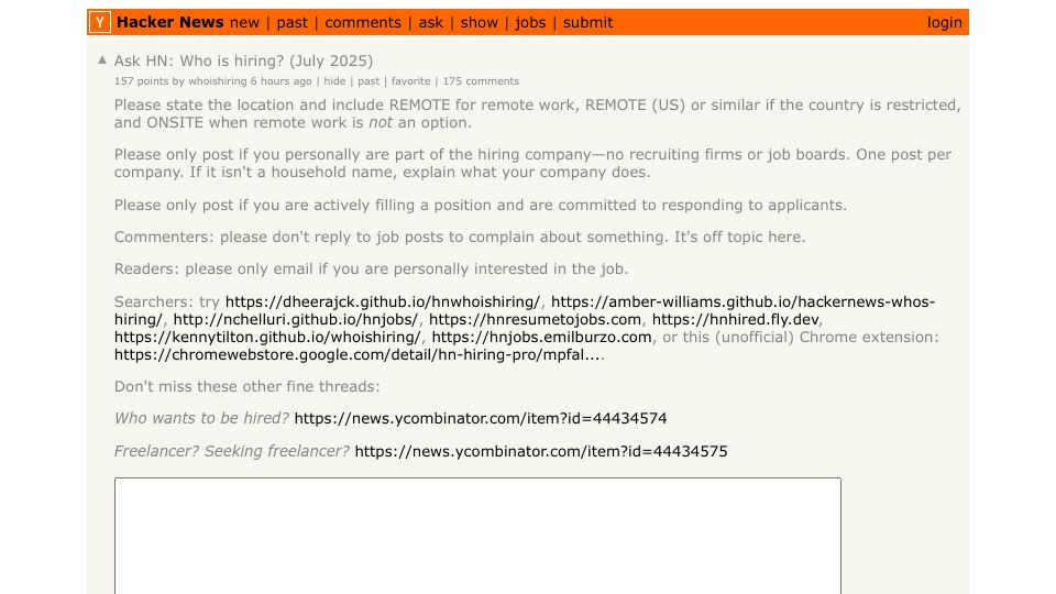 Screenshot of Hacker News post: Ask HN: Who is hiring? (July 2025)