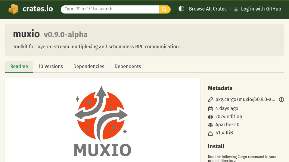 Screenshot of crates.io: Muxio: Rust layered stream and RPC toolkit