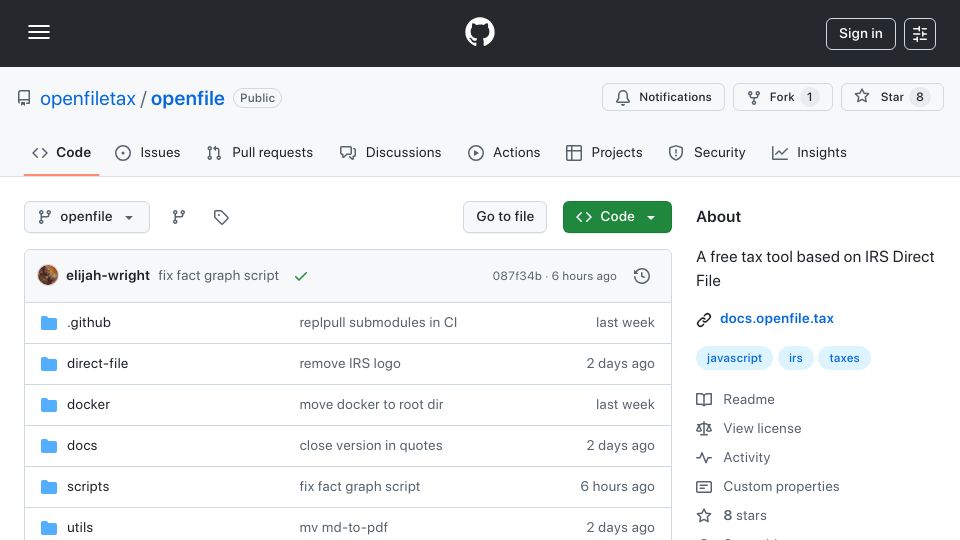 Screenshot of github.com: Show HN: A continuation of IRS Direct File that can be self-hosted