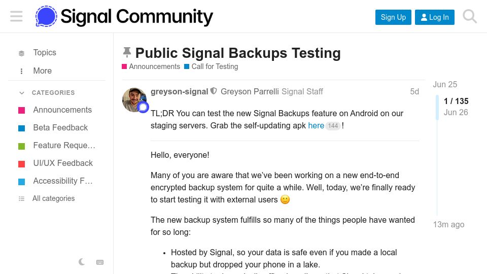 Screenshot of community.signalusers.org: Public Signal Backups Testing
