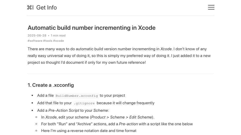 Screenshot of blog.gingerbeardman.com: Automatic build number incrementing in Xcode