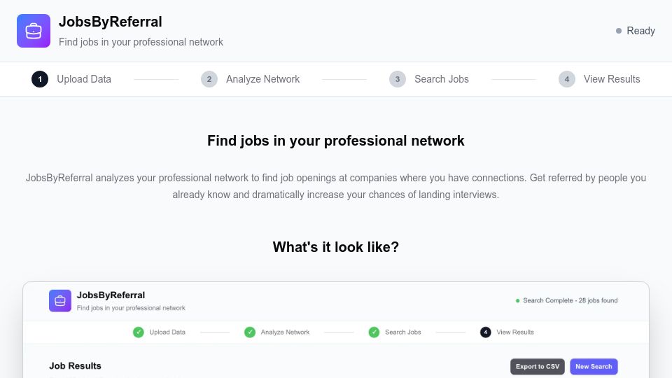 Screenshot of jobsbyreferral.com: Show HN: Jobs by Referral: Find jobs in your LinkedIn network