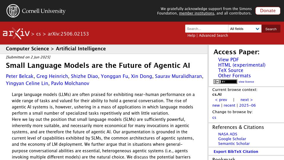 Screenshot of arxiv.org: Small language models are the future of agentic AI