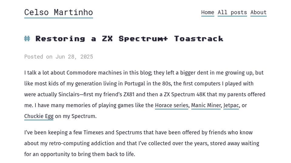 Screenshot of celso.io: Restoring a ZX Spectrum+ Toastrack