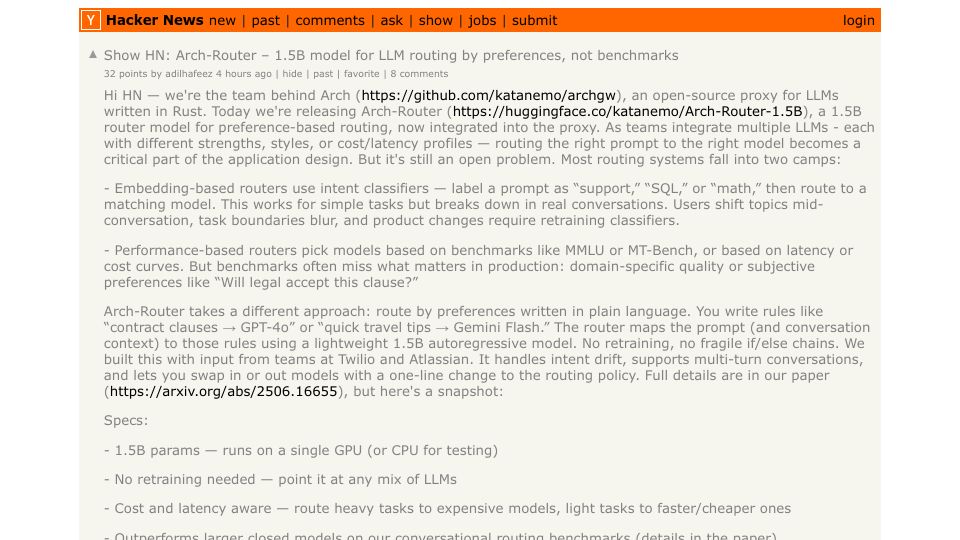 Screenshot of Hacker News post: Show HN: Arch-Router – 1.5B model for LLM routing by preferences, not benchmarks