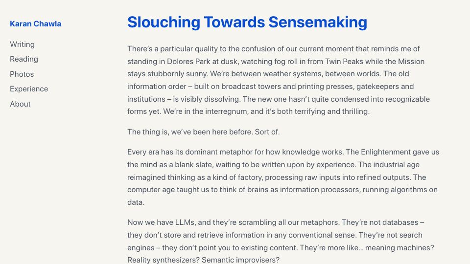 Screenshot of karanchawla.io: Slouching Towards Sensemaking