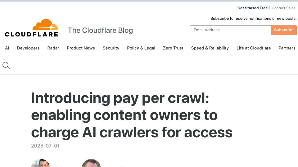 Screenshot of blog.cloudflare.com: Cloudflare to introduce pay-per-crawl for AI bots