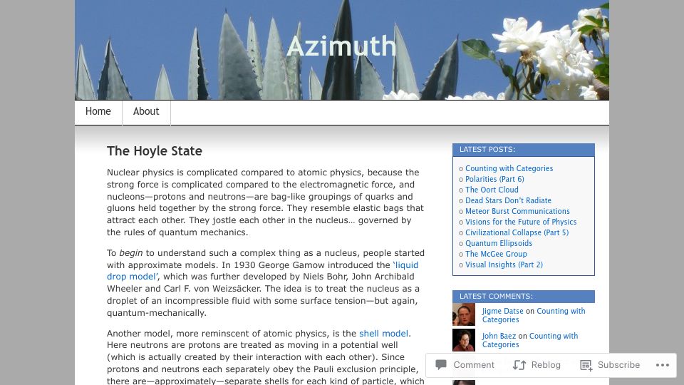 Screenshot of johncarlosbaez.wordpress.com: The Hoyle State (2021)