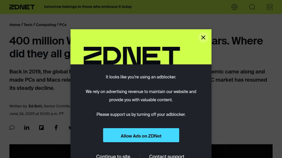 Screenshot of zdnet.com: 400 million Windows PCs vanished in 3 years. Where did they all go?