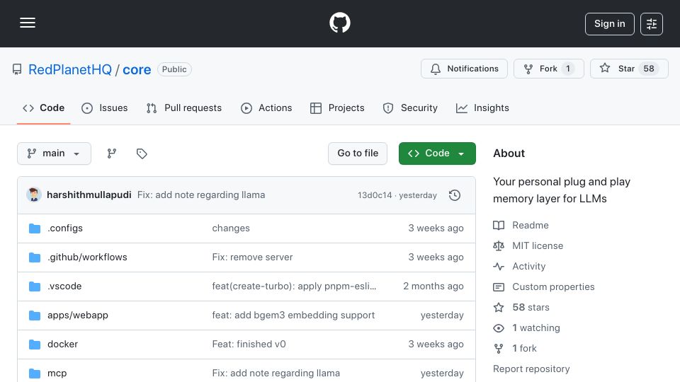 Screenshot of github.com: Show HN: Core – open source memory graph for LLMs – shareable, user owned
