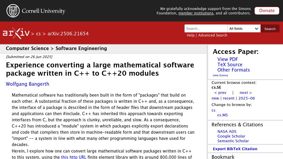 Screenshot of arxiv.org: Converting a large mathematical software package written in C++ to C++20 modules