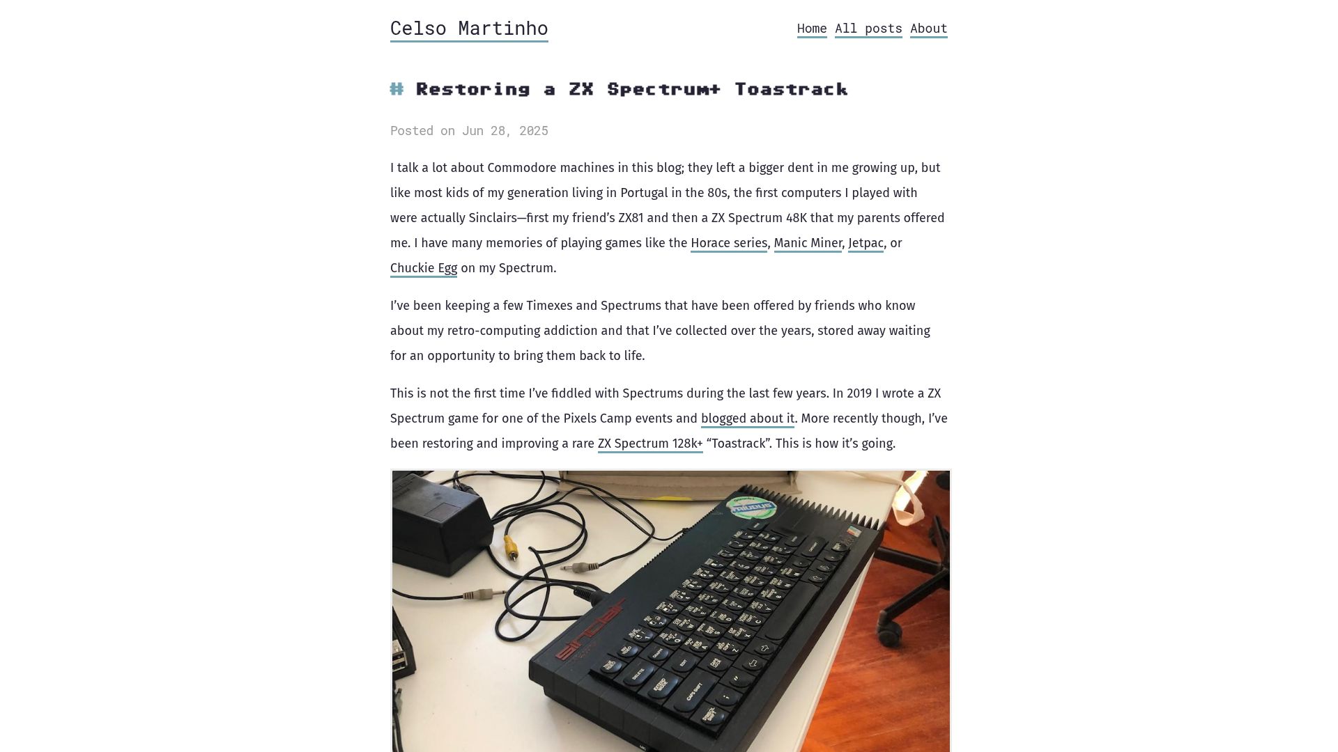 Screenshot of celso.io: Restoring a ZX Spectrum+ Toastrack
