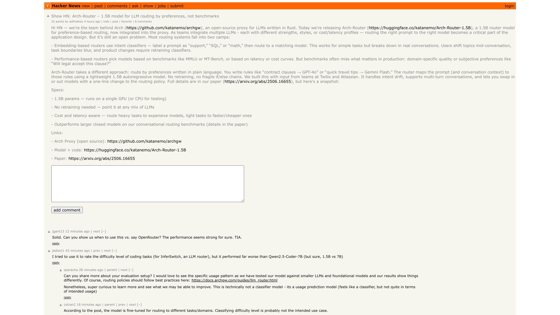 Screenshot of this Hacker News post: Show HN: Arch-Router – 1.5B model for LLM routing by preferences, not benchmarks