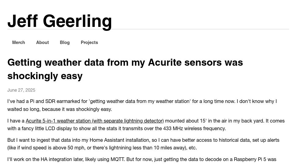 Screenshot of jeffgeerling.com: Getting weather data from my Acurite sensors was shockingly easy